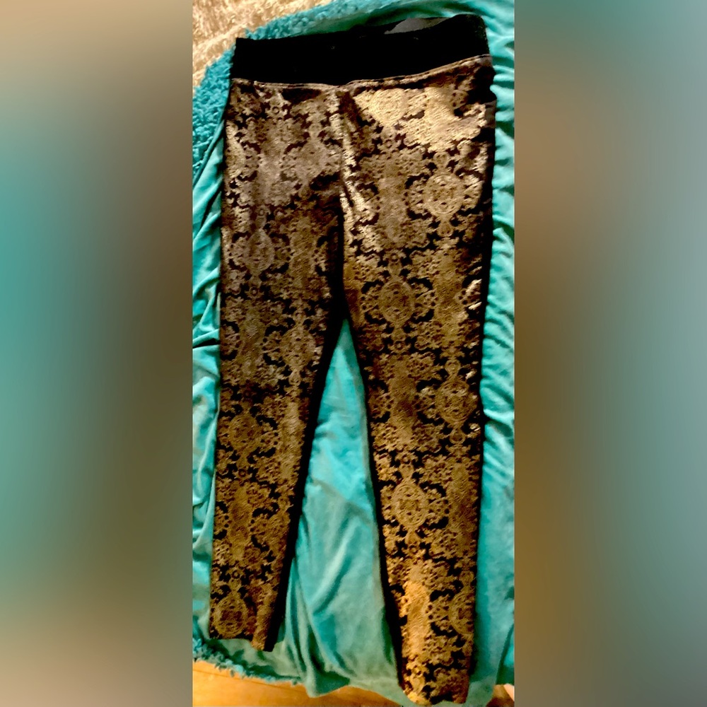 Bisou Bisou Womens Pants Black Gold Print Skinny Leg Large